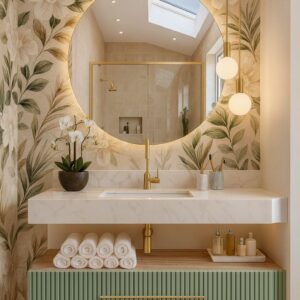 Modern Minimalist Bathroom Design _ Warm Neutrals & Golden Accents